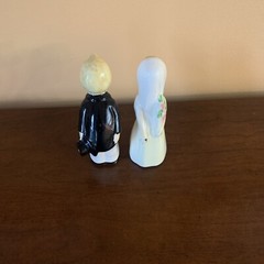 50’s Glossy Porcelain Bride And Groom Reaching For The 1st Kiss Wedding Cake Top