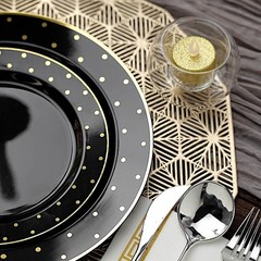 10 Round 10″ Black Plastic Dinner Plates with Gold Dotted Rim Party Catering