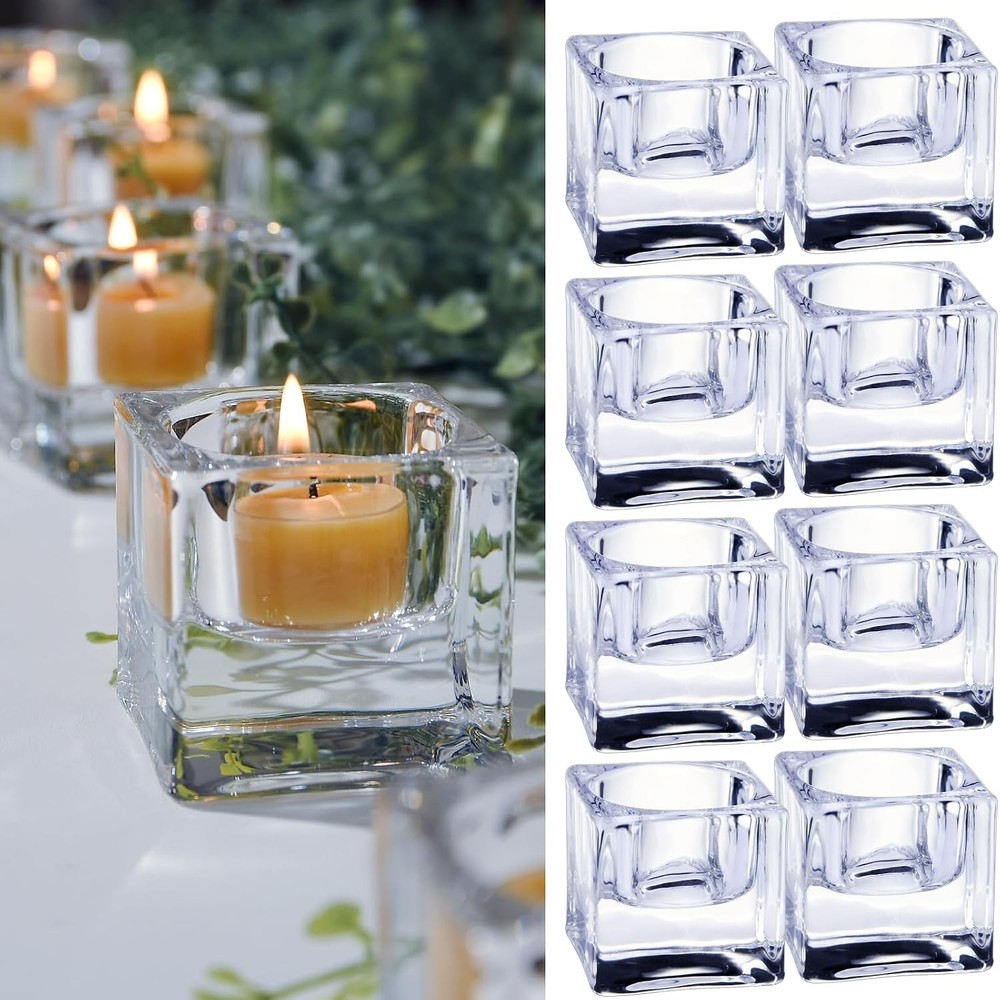 8-Pack Clear Glass Square Tealight Holders for Events & Decor