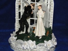 New Vintage Bridal Couple Golfers with Chapel Church Mirror Windows Caketopper