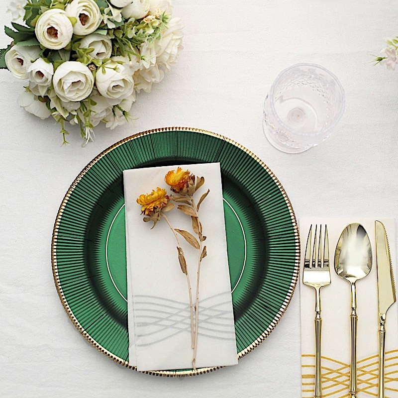 25 HUNTER GREEN 10″ Metallic Round Paper DINNER LATES Textured Rim Decorations