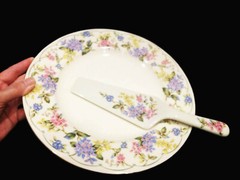 PORCELAIN BONE CHINA ANDREA BY SADEK CAKE PLATE & SERVER 2PC SET, EXCELLENT COND