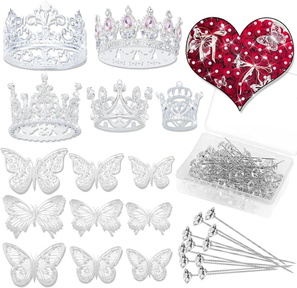 Flower Bouquet Accessories Set: 5 Mini Crowns, 36 Butterflies & 100 Pins (Gold)