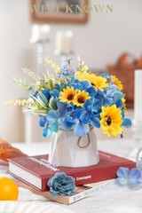 Small Fake Flowers in Plastic Vase 7″ Centerpieces Coffee Sunflowers & Blue