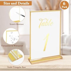6 Pack 5×7 Inch Clear Acrylic Sign Holders, Double-Sided Gold Display 5″ × 7″