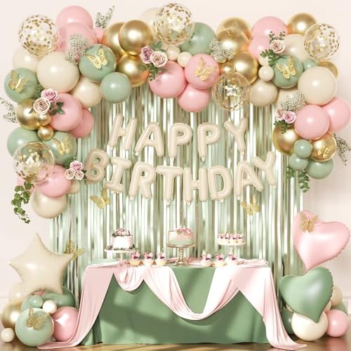 Pink and Sage Green Birthday Decorations, Pink Green Sand White Pink Sage Green