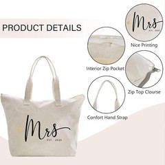 Stylish Bridal Shower Gift: Mrs. 2025 Cotton Canvas Shoulder Bag with Zipper