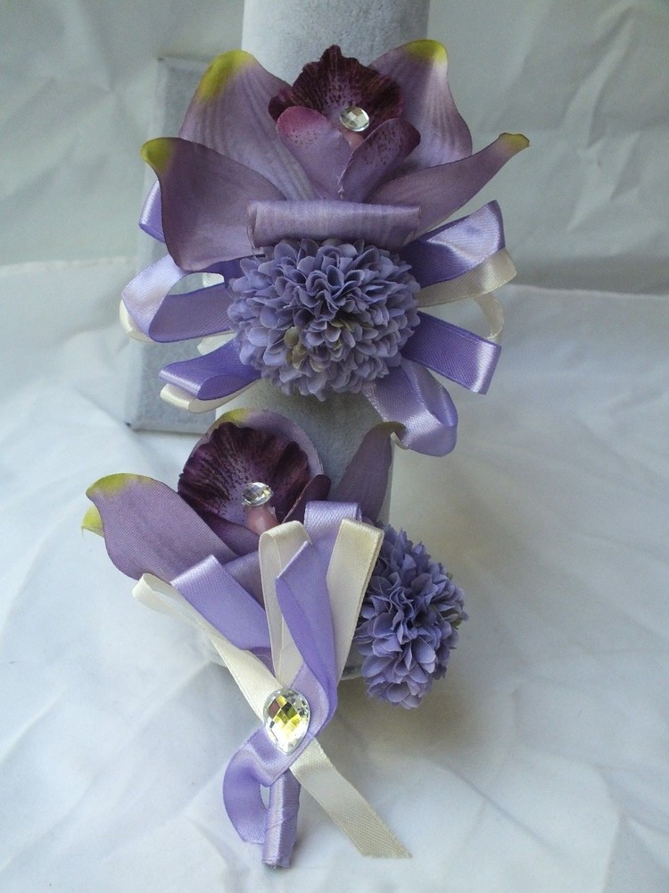 2pc Set Wedding Boutonniere Corsage Quinceanera Bride Groom Silk Flower Orchid