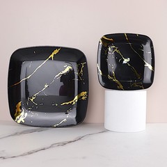 10 BLACK GOLD Square Metallic Marble Plastic Salad DINNER PLATES Party Tableware