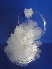 New Elegant Wedding Caketop, white bell, shimmer white floral, heart back #251