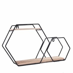 Black Natural 2 Tier Hexagon Metal Wood Geometric Floating Shelf Decorations