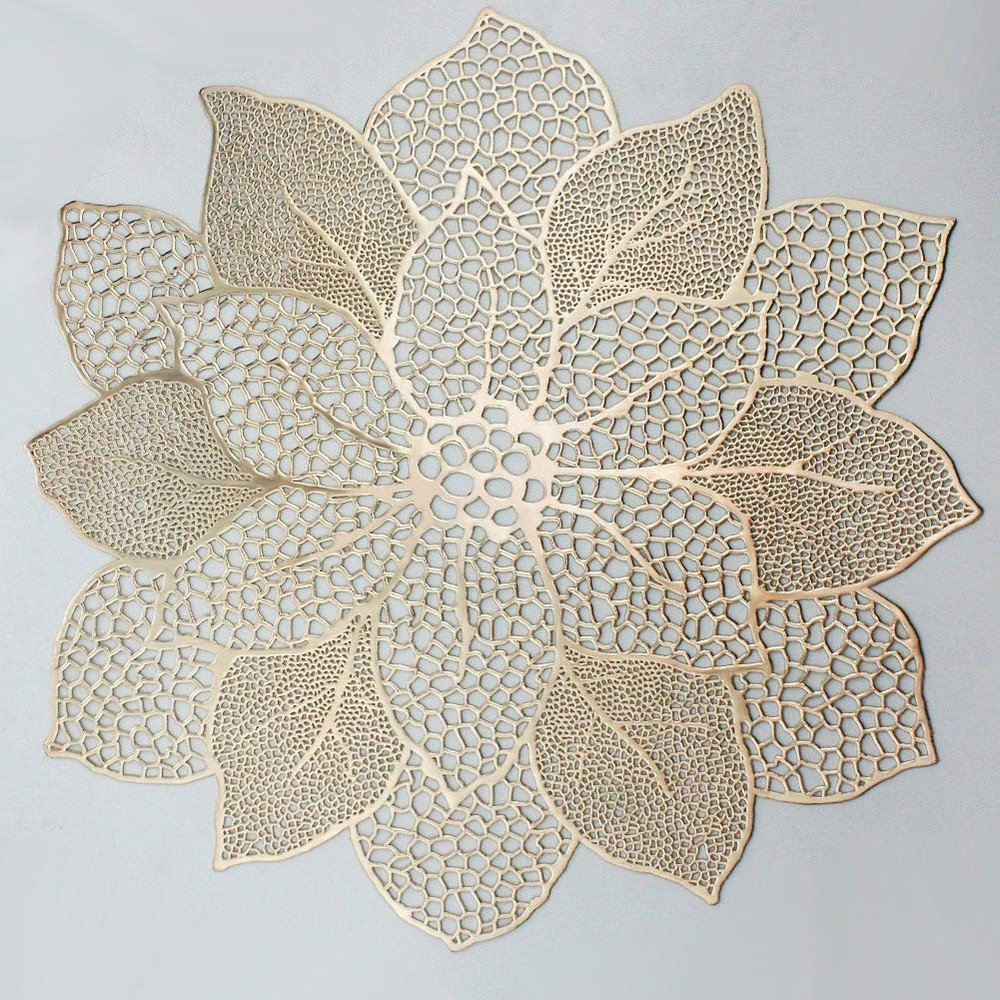 Gold Round Placemats for Dining Table Set of 6 Pressed 6Pcs, A5/Hibiscus/Gold