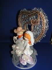 New Western Bride & Groom & Cowboy Hat, Rope Decored Heart Wedding Caketop, #132