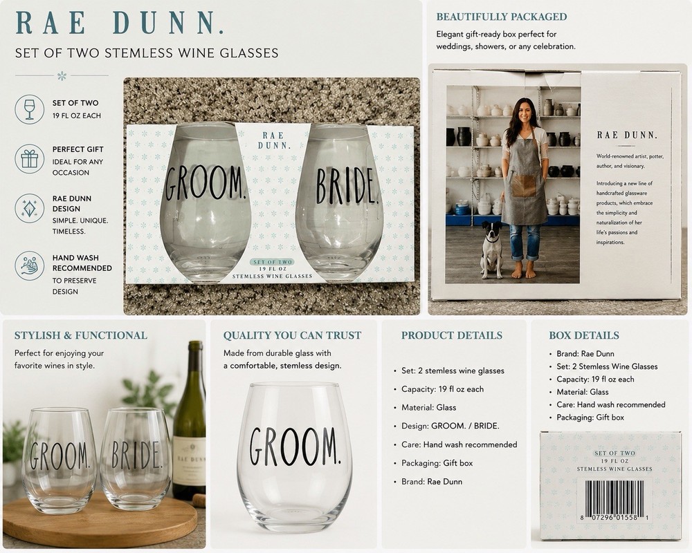 Rae Dunn Groom Bride Stemless Wine Glass Set Wedding 19oz Set of 2