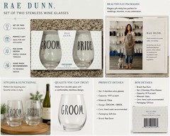 Rae Dunn Groom Bride Stemless Wine Glass Set Wedding 19oz Set of 2