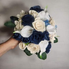 Navy Blue Ivory Rose Sola Wood Bridal Wedding Bouquet Accessories