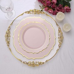10 ROSE GOLD 8″ Round Plastic Dinner Plates GOLD Scalloped Rim Events Wedding