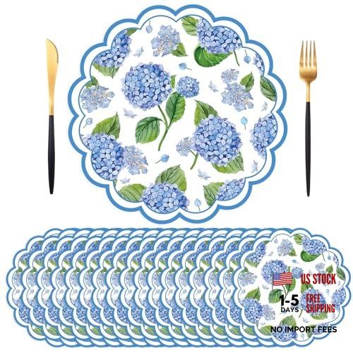 50 PCS Paper Placemats – 13.5 Inch Floral – Blue Hydrangea – Disposable