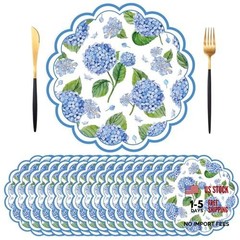 50 PCS Paper Placemats – 13.5 Inch Floral – Blue Hydrangea – Disposable