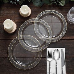 50 CLEAR 7.5″ Round Salad PLATES Hammered GOLD Trim Party Wedding Supplies
