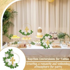 48 Pcs Baptism Centerpiece Decor – 12 Gold Wood Crosses, 12 Metal Floral Hoops,