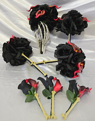 Gothic Wedding Bouquet Set, Skeleton Bone Gothic Red & Black 7 Piece Package