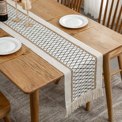 Table Runner Linear End, Boho Style with Tassels, Cotton & Linen, Farmhouse H…