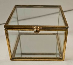 Glass & Brass Ring/Trinket Box 3.5″ x 3.5″ x 2.5″ Hinged Lid Mirrored Bottom
