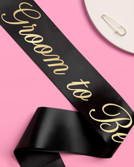 Bride and Groom Sash Duo 2 Pack | White and Black Satin, Gold Foil