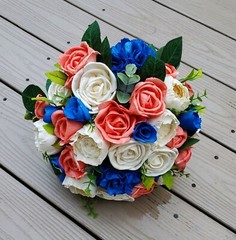 Royal Blue Coral Bridal Bouquet Sola Wood Bridesmaid Flowers Tropical Wedding