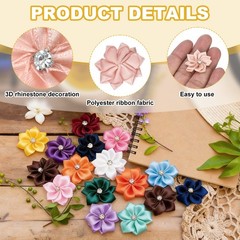 100Pcs Ribbon Flowers 1.2″ Fabric Flowers with Rhinestones Champagne