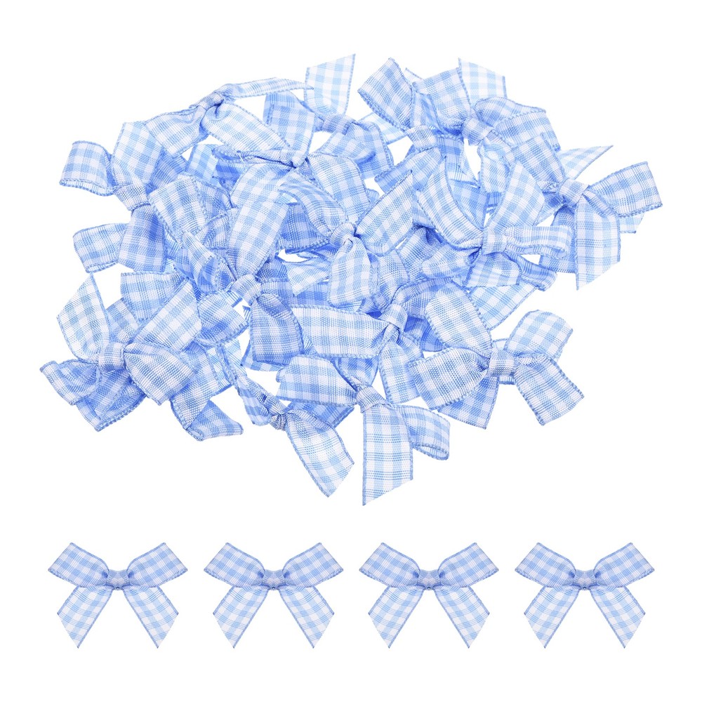 30Pcs Mini Gingham Ribbon Bow 1.5″ Checkered Fabric Satin Light Blue and White