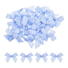 30Pcs Mini Gingham Ribbon Bow 1.5″ Checkered Fabric Satin Light Blue and White