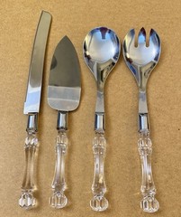 Vtg Clear Facet Lucite Handle Stainless Cake Knife Server Fork & Spoon 4pc Set