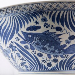 Handcrafted Blue and White Village Fish Bowl-Large Ceramic