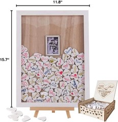 Rustic Wedding Guest Book Drop Top Frame, 100 Wooden Hearts, White Wood