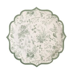 25 WHITE SAGE GREEN 8″ Floral Leaf Print Paper PLATES Scalloped Rim Party Event