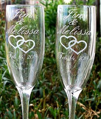 Qty-2 Glass Champagne Flute Engraved w Couple’s Names and Wedding Date
