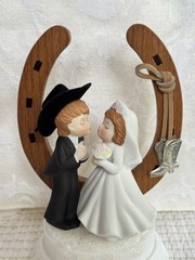 Western Wedding Cake Topper Groom In Cowboy Hat Bride w Lucky Horseshoe