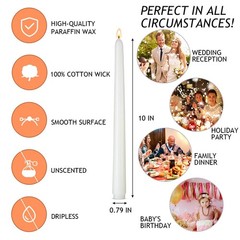 Set of 5 White Taper Candles, Dripless Unscented 10 Inch Tall 5 Packs,