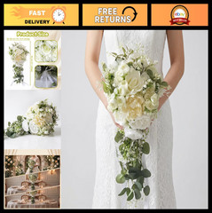 10″ White Rose Cascading Bridal Bouquet – Artificial Silk Wedding Flowers, Boho