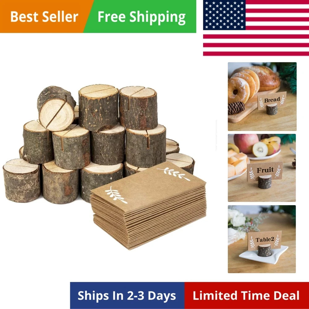 20 Pieces Wooden Place Card Holders with 24 Kraft Paper Cards, Rustic Wood Table