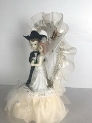 Western Wedding Cake Top, Ivory with Gold Cowboy Boot Charm, Pearl Heart, Cowboy