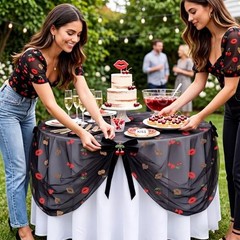Cheetah and Cherry Tulle Table Runner 28″x120″ Red Lips Black Leopard Print