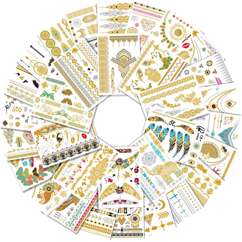 Aresvns Gold tattoo metallic 32 Sheets,Over 340+ Flash temporary tattoos for …