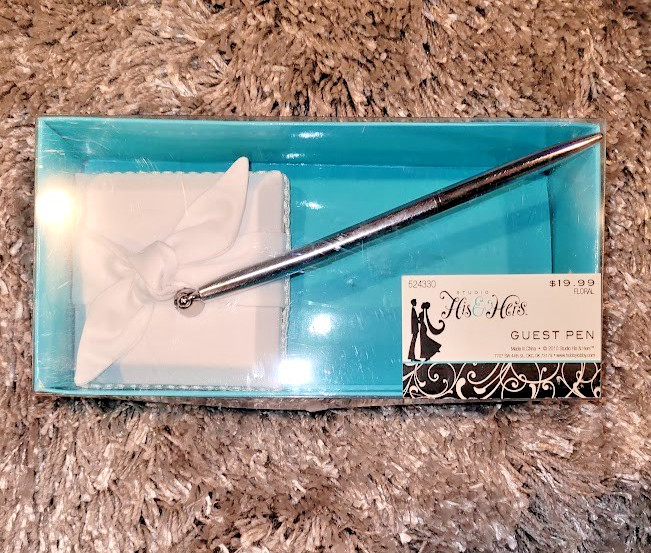 Studio His and Hers NEWIN BOX Guest Pen and Holder Silver White Bow