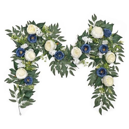 Flower Garland Artificial Rose Vine Flowers with Green Leaves 2PCS Blue&white