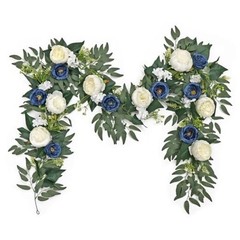 Flower Garland Artificial Rose Vine Flowers with Green Leaves 2PCS Blue&white