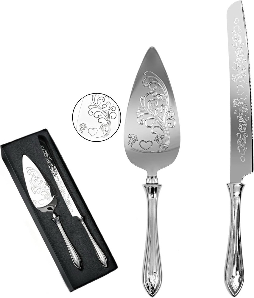 KSENDALO Elegant Wedding Cake Cutting Set with Hollow Handle Cake Knife and Serv
