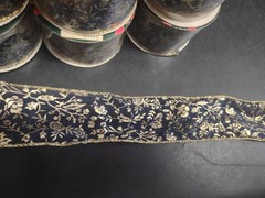 Exquisite Navy Sheer Ribbon, 10 Yards, Gold Leaf Stamped Floral Vine, Wired 2″